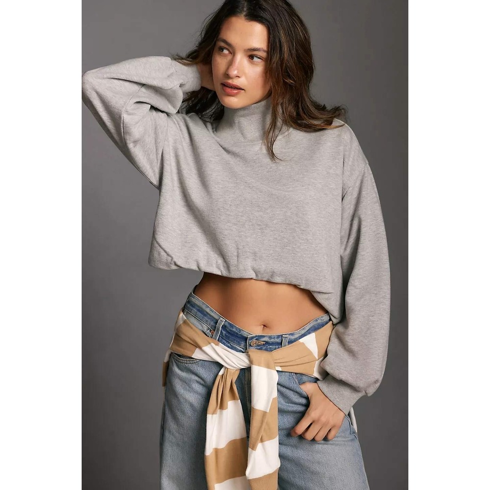 Pilcro Anthropologie Mock Neck Cropped Sweatshirt Heather Gray L OB1866615 - Picture 2 of 14